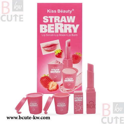 Kiss Beauty Strawberry Lip Scrub + Lip Mask + Lip Balm Kit - Bcute-kw