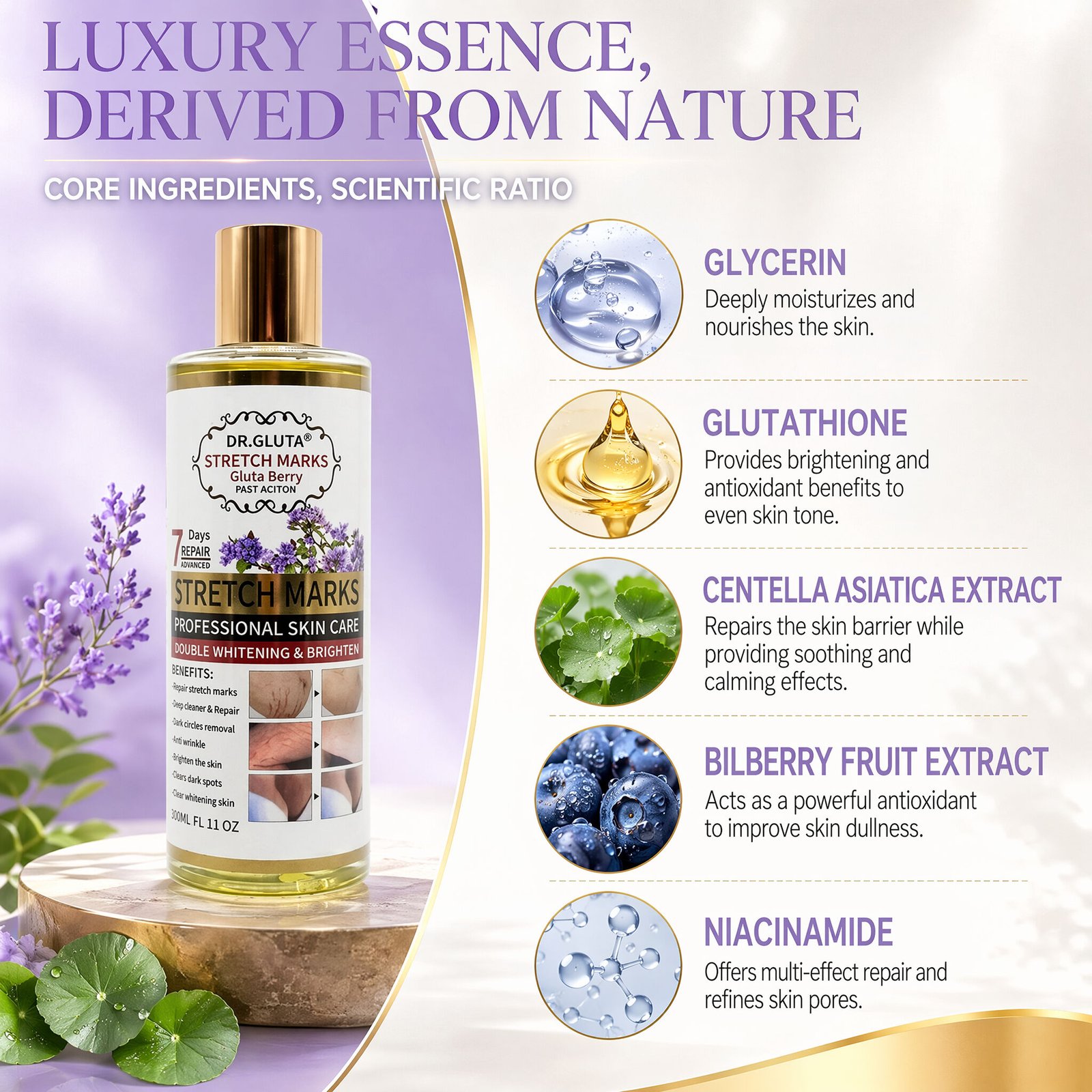 H6ca781286e1444f88505dd38c759ab88H Gluta Gold Stretch Marks Double whitening oil 300ml - Image 3